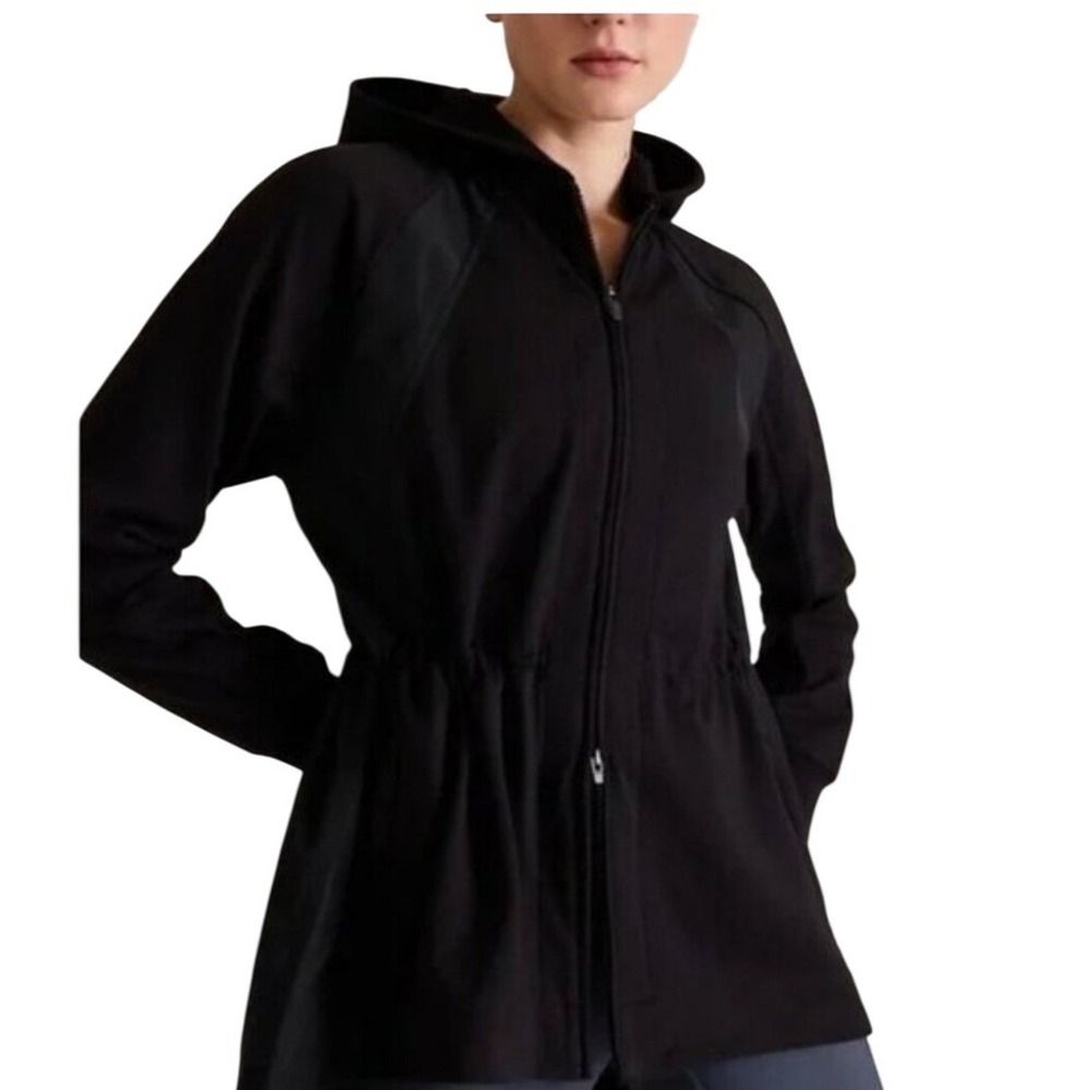 Athleta Triumph Hybrid Jacket Womens Large Black Hooded Full Zip Cinched Waist